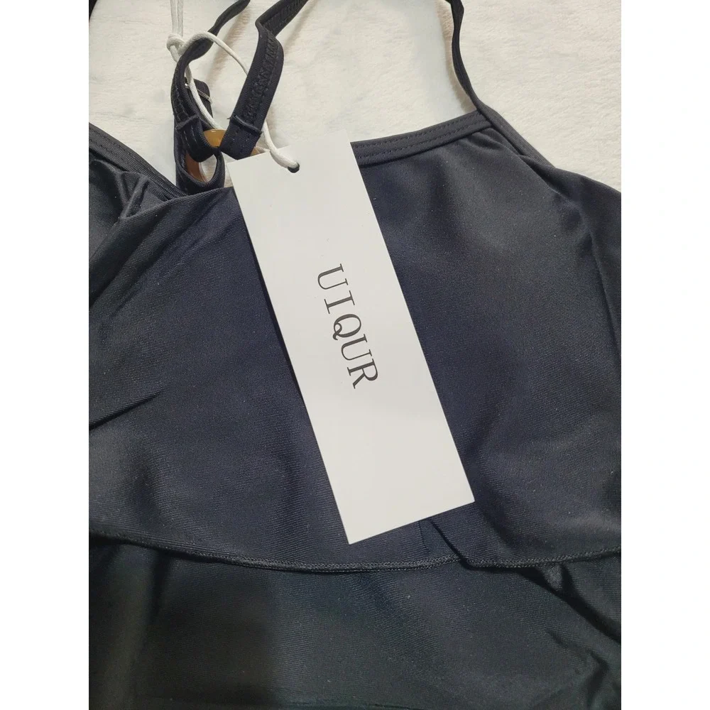 NWT UIQUR Tankini Swimsuit Kids 11-12Y Black Polka Dot New Ruffle Tiered Set